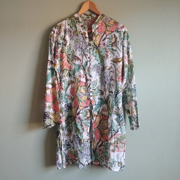 Dolma Medium tropical print cotton tunic top open front pearl shell buttons - Picture 13 of 15